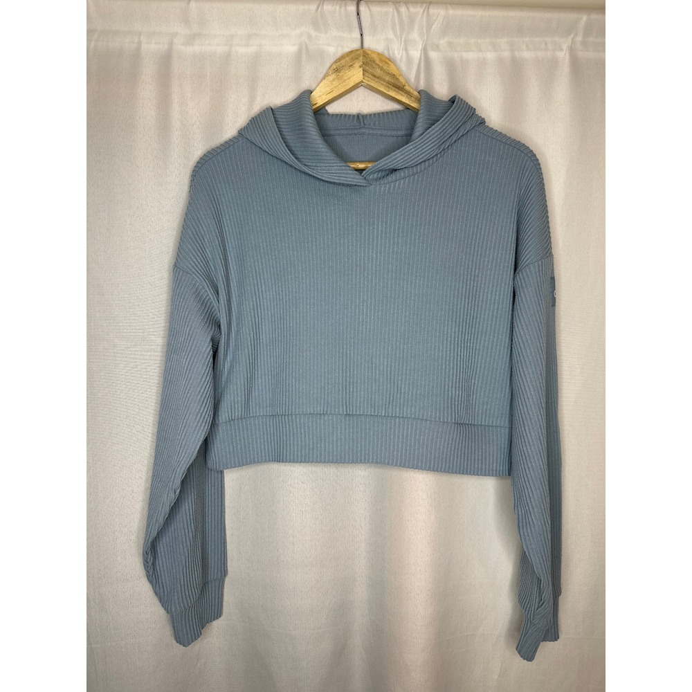 Alo Muse Rib-Knit Hooded Crop Sweatshirt LARGE* Athleisure Yoga Gym Workout
